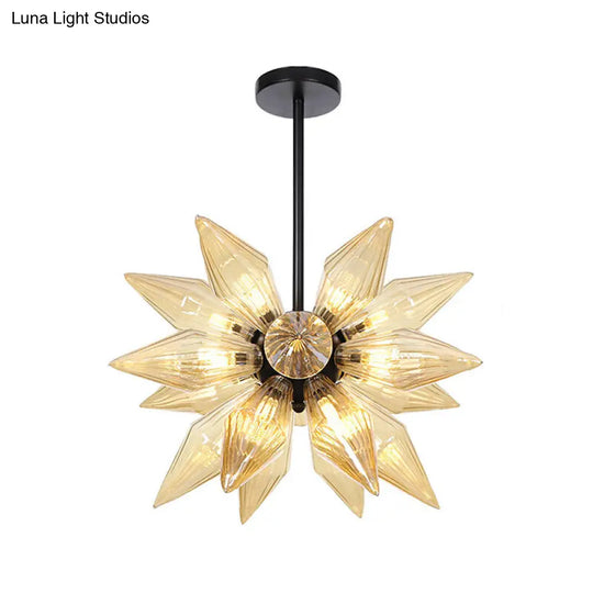 Industrial Pendant Chandelier With Amber/Clear Ribbed Glass And Starburst Design - 9/12/15 Heads For