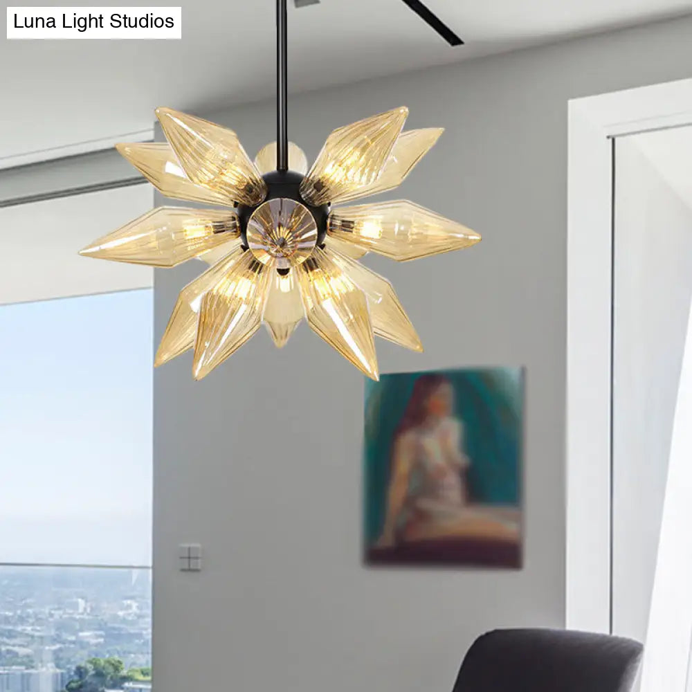 Industrial Amber/Clear Ribbed Glass Pendant Lighting With Starburst Design - 9/12/15 Heads Bedroom