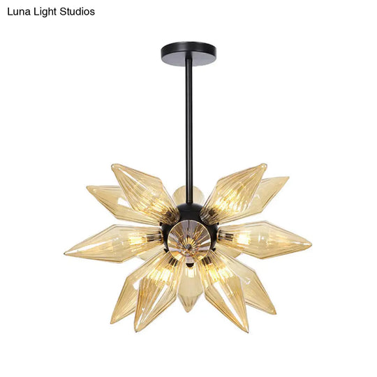 Industrial Pendant Chandelier With Amber/Clear Ribbed Glass And Starburst Design - 9/12/15 Heads For