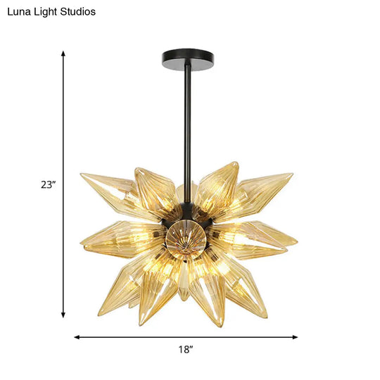 Industrial Pendant Chandelier With Amber/Clear Ribbed Glass And Starburst Design - 9/12/15 Heads For