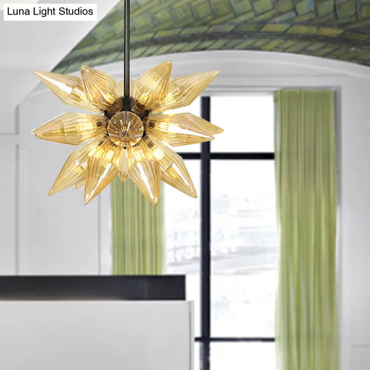 Industrial Amber/Clear Ribbed Glass Pendant Lighting With Starburst Design - 9/12/15 Heads Bedroom