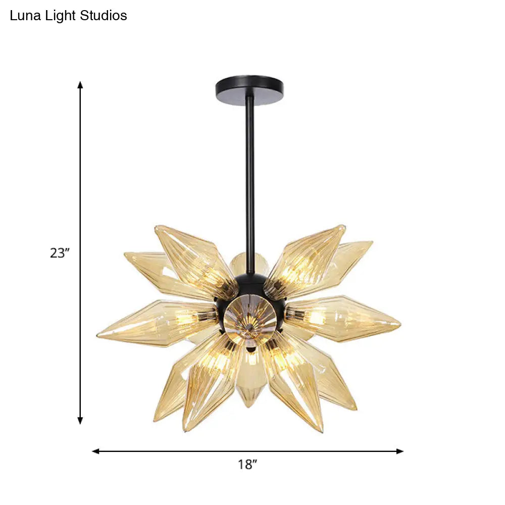 Industrial Pendant Chandelier With Amber/Clear Ribbed Glass And Starburst Design - 9/12/15 Heads For