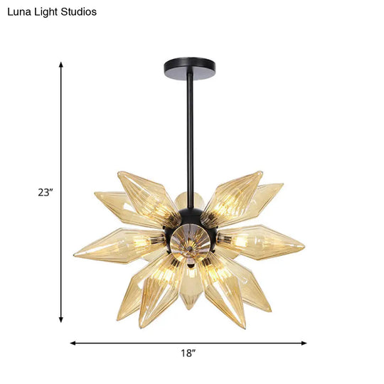 Industrial Pendant Chandelier With Amber/Clear Ribbed Glass And Starburst Design - 9/12/15 Heads For