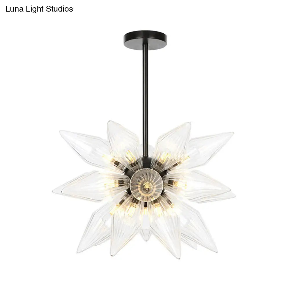 Industrial Pendant Chandelier With Amber/Clear Ribbed Glass And Starburst Design - 9/12/15 Heads For