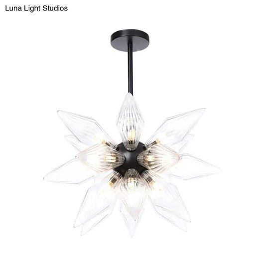 Industrial Pendant Chandelier With Amber/Clear Ribbed Glass And Starburst Design - 9/12/15 Heads For