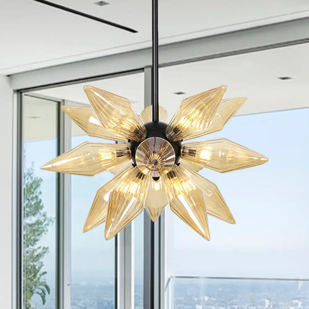 Industrial Amber/Clear Ribbed Glass Pendant Lighting With Starburst Design - 9/12/15 Heads Bedroom