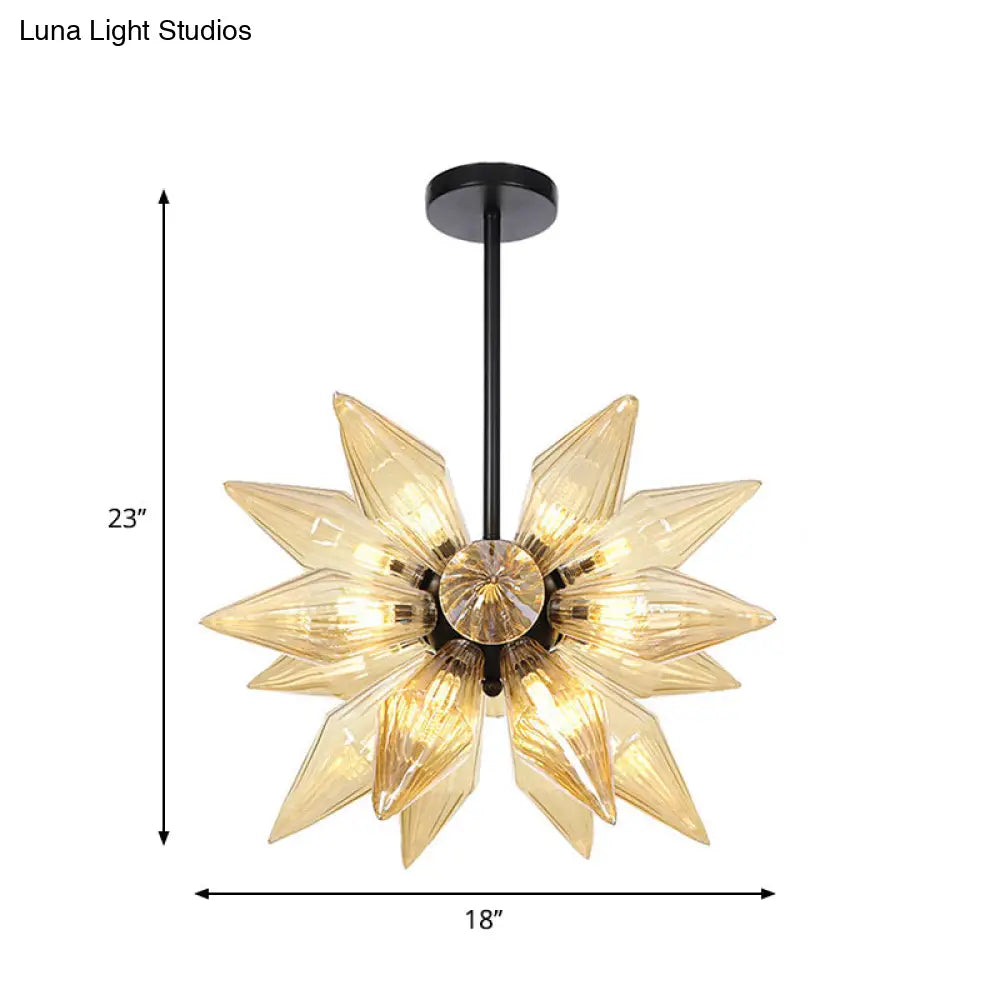 Industrial Pendant Chandelier With Amber/Clear Ribbed Glass And Starburst Design - 9/12/15 Heads For