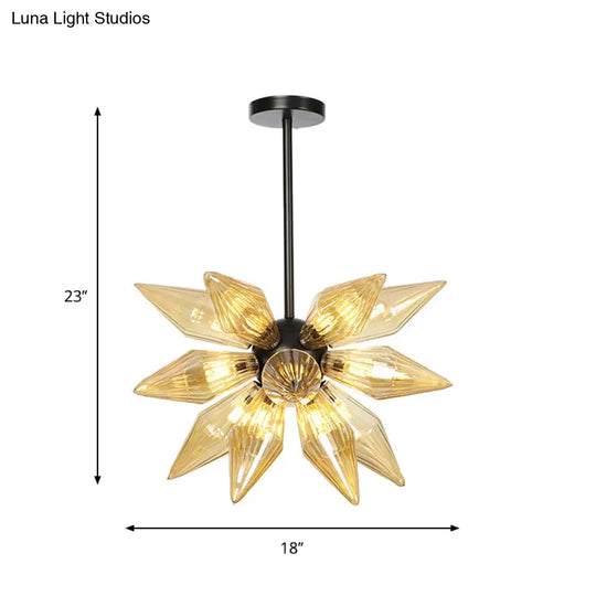 Industrial Pendant Chandelier With Amber/Clear Ribbed Glass And Starburst Design - 9/12/15 Heads For