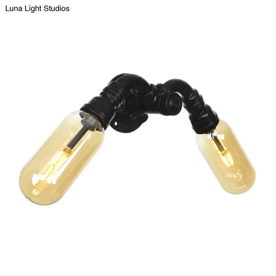 Industrial Amber Glass Black Sconce Light - Wall Mounted Pipe For Living Room