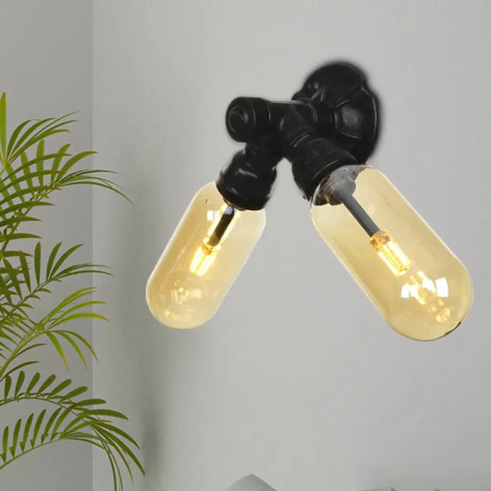 Industrial Amber Glass Black Sconce Light - Wall Mounted Pipe For Living Room / C