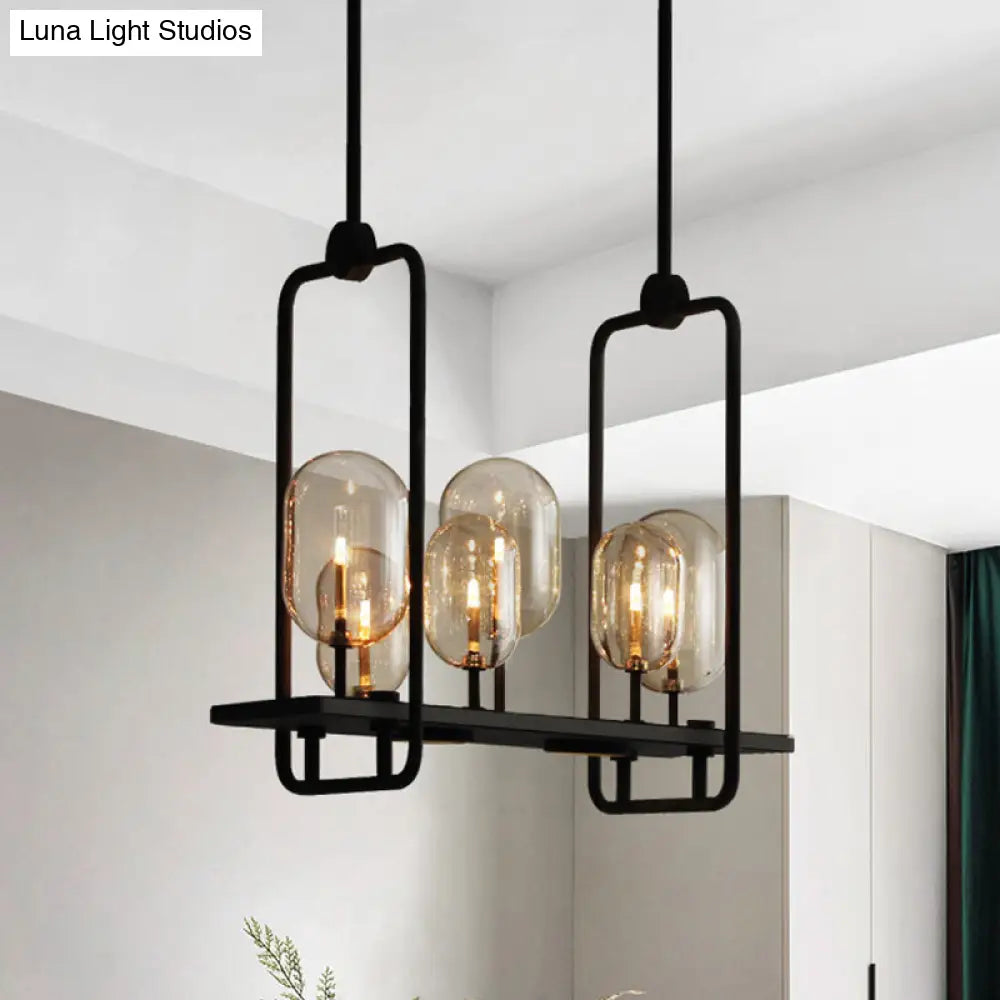 Industrial Amber Glass Hanging Light Fixture - Capsule Restaurant Island Lighting (6/8 Bulbs Black)