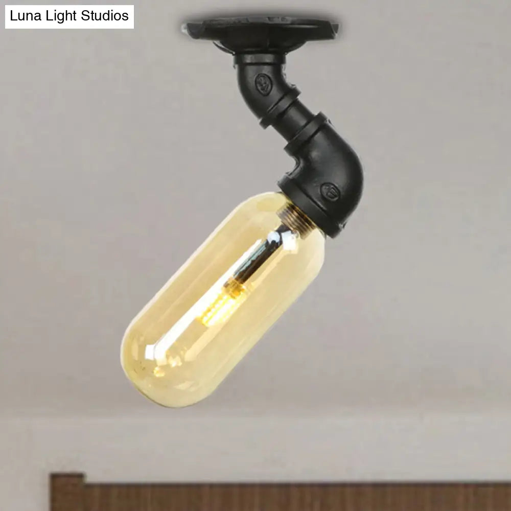 Industrial Amber Glass Semi Flush Mount Light With Pipe Design - Black Capsule Shade Indoor Ceiling