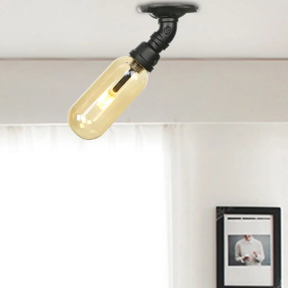 Industrial Amber Glass Semi Flush Mount Light With Pipe Design - Black Capsule Shade Indoor Ceiling