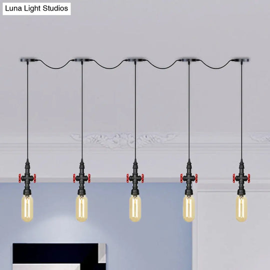 Industrial Amber Glass Multi-Pendant Hanging Lamp Kit - Black Capsule Tandem 3/5/7-Light Option For