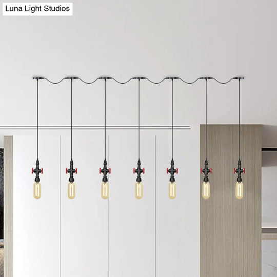 Industrial Amber Glass Multi-Pendant Hanging Lamp Kit - Black Capsule Tandem 3/5/7-Light Option For