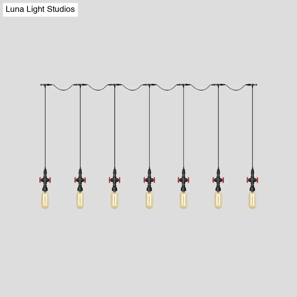 Industrial Amber Glass Multi-Pendant Hanging Lamp Kit - Black Capsule Tandem 3/5/7-Light Option For