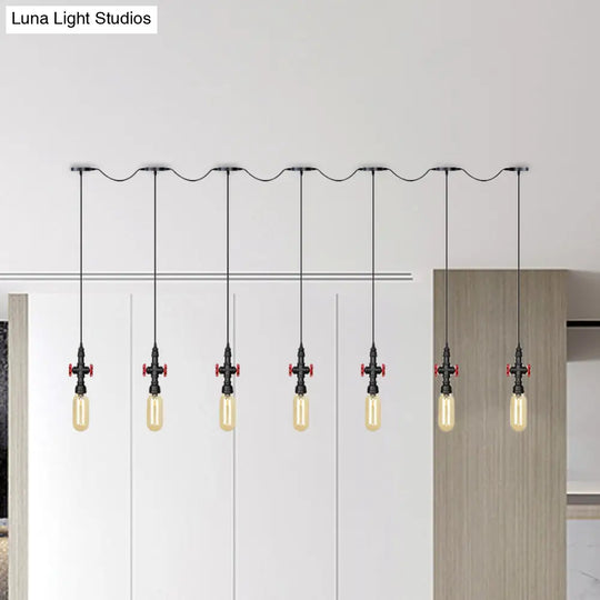 Industrial Amber Glass Tandem Multi-Pendant Hanging Lamp Kit - Black Capsule 3/5/7-Light Design