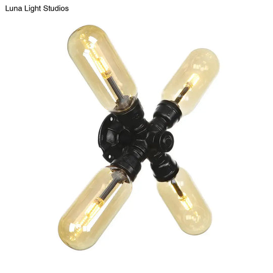 Industrial Amber Glass Wall Light Fixture With Pipe Design - 2/4 Black Sconce Lamp