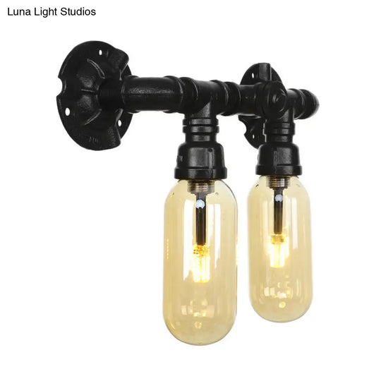 Industrial Amber Glass Wall Light Fixture With Pipe Design - 2/4 Black Sconce Lamp