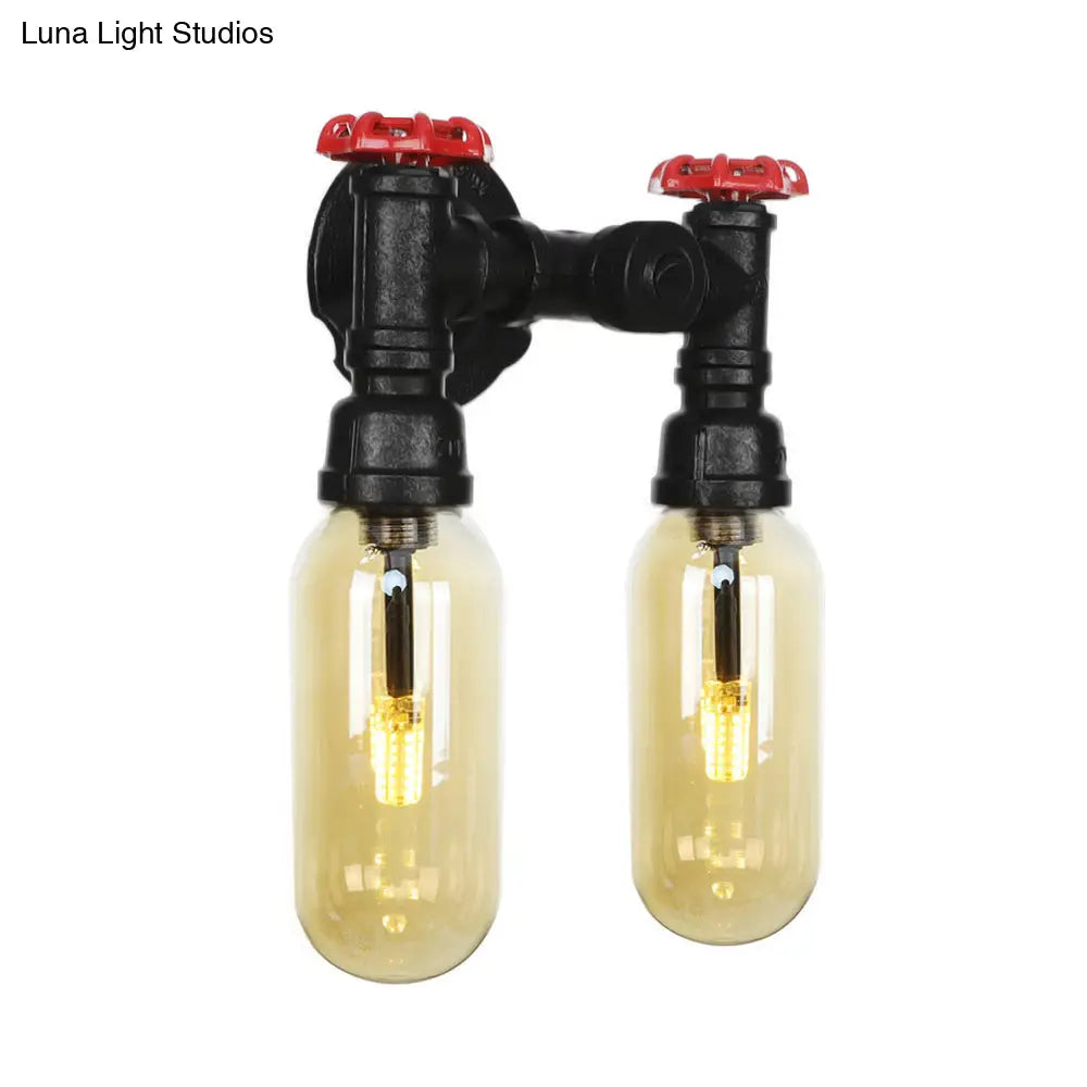 Industrial Amber Glass Wall Light Fixture With Pipe Design - 2/4 Black Sconce Lamp