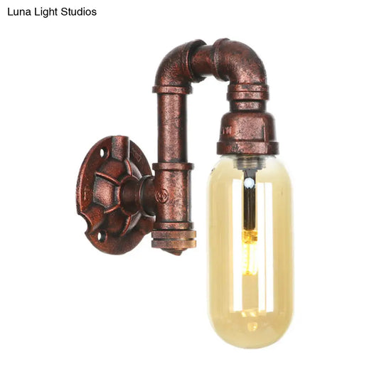 Industrial Amber Glass Wall Sconce With Copper Oval Shade - Bedroom Light Fixture 9.5/10/12 H