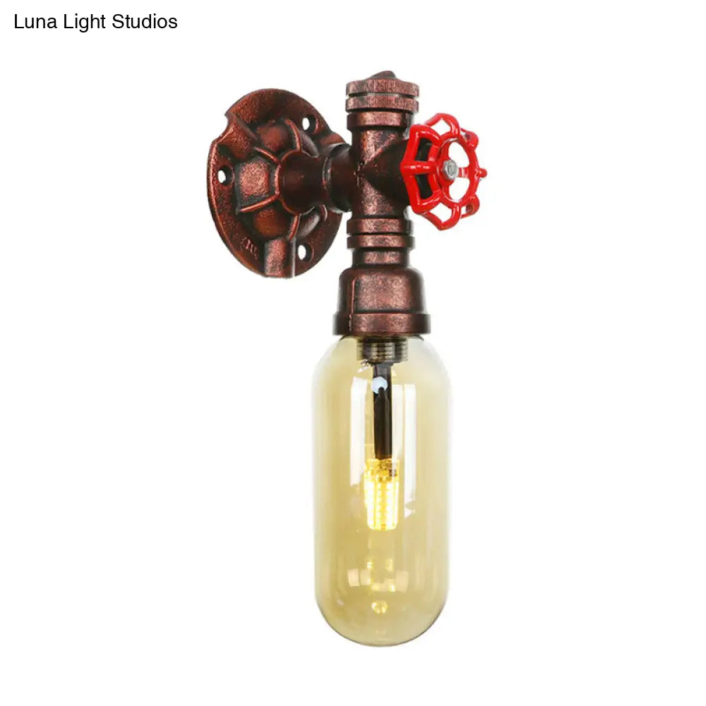 Industrial Amber Glass Wall Sconce With Copper Oval Shade - Bedroom Light Fixture 9.5/10/12 H