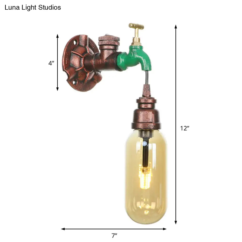 Industrial Amber Glass Wall Sconce With Copper Oval Shade - Bedroom Light Fixture 9.5/10/12 H