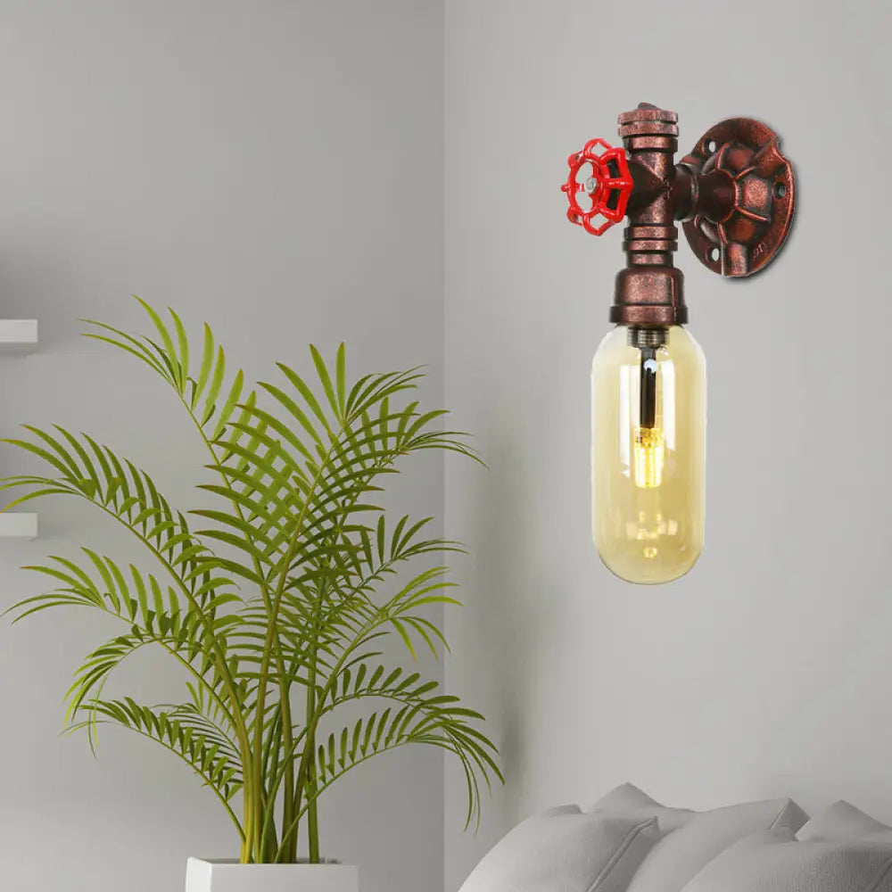 Industrial Amber Glass Wall Sconce With Copper Oval Shade - Bedroom Light Fixture 9.5/10/12 H