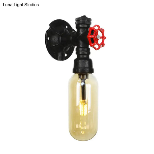 Industrial Amber Glass Wall Sconce With Pipe Design - Black