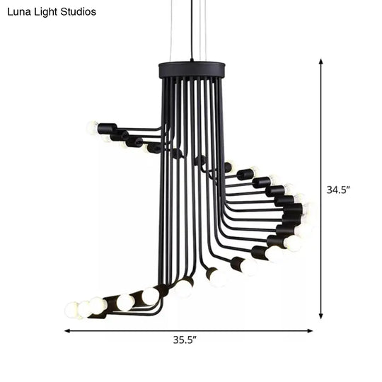 Industrial Angled Arm Ceiling Chandelier With Spiral Iron Design - Black Finish 16/26 Bulbs Perfect