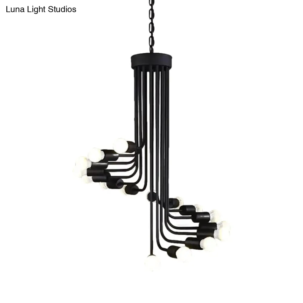 Industrial Angled Arm Ceiling Chandelier With Spiral Iron Design - Black Finish 16/26 Bulbs Perfect