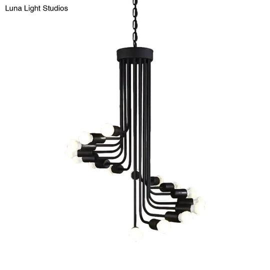 Industrial Angled Arm Ceiling Chandelier With Spiral Iron Design - Black Finish 16/26 Bulbs Perfect