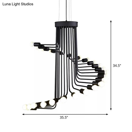 Black Industrial Angled Arm Chandelier With Spiral Iron Design - 16/26 Bulb Dining Room Pendant