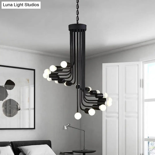 Black Industrial Angled Arm Chandelier With Spiral Iron Design - 16/26 Bulb Dining Room Pendant