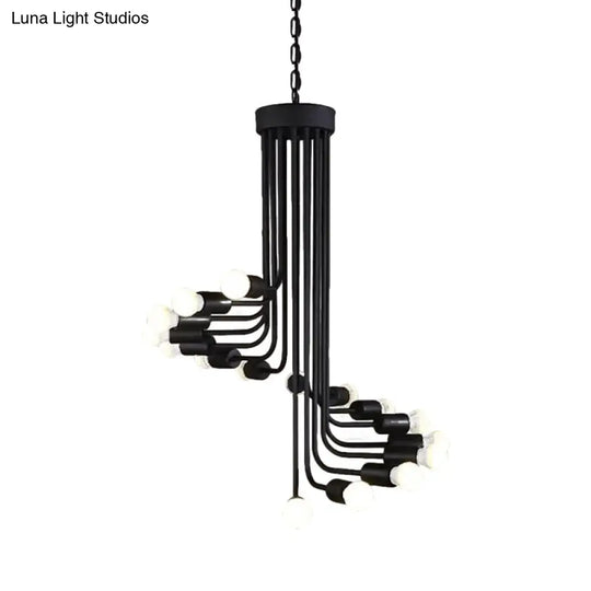 Black Industrial Angled Arm Chandelier With Spiral Iron Design - 16/26 Bulb Dining Room Pendant