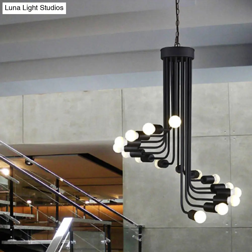 Black Industrial Angled Arm Chandelier With Spiral Iron Design - 16/26 Bulb Dining Room Pendant 16 /