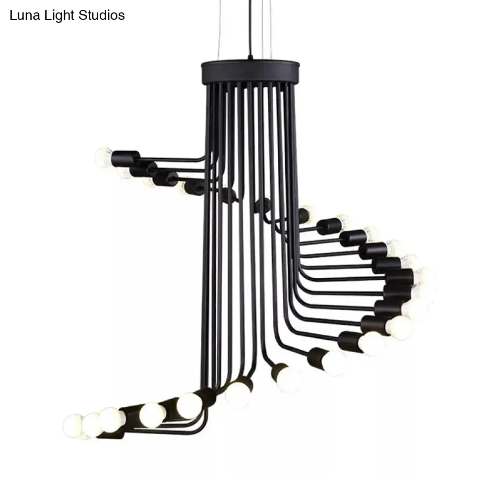 Black Industrial Angled Arm Chandelier With Spiral Iron Design - 16/26 Bulb Dining Room Pendant