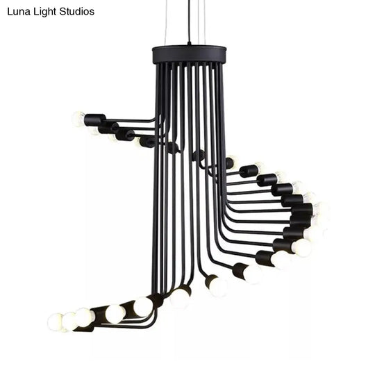 Black Industrial Angled Arm Chandelier With Spiral Iron Design - 16/26 Bulb Dining Room Pendant