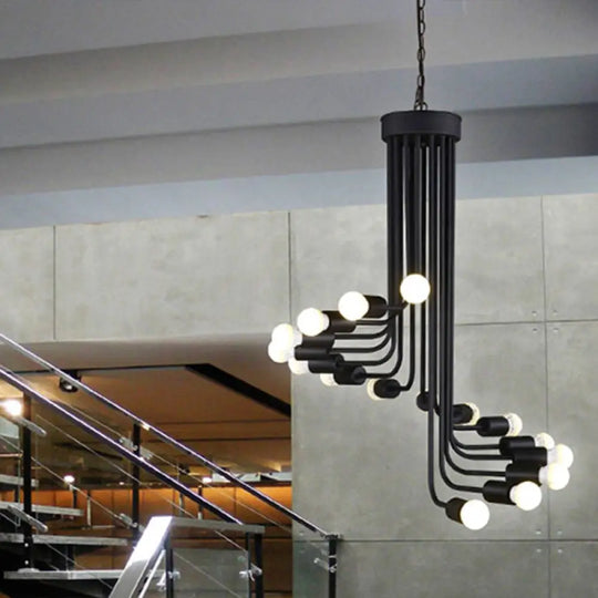 Industrial Angled Arm Ceiling Chandelier With Spiral Iron Design - Black Finish 16/26 Bulbs Perfect