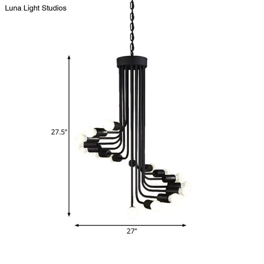 Black Industrial Angled Arm Chandelier With Spiral Iron Design - 16/26 Bulb Dining Room Pendant