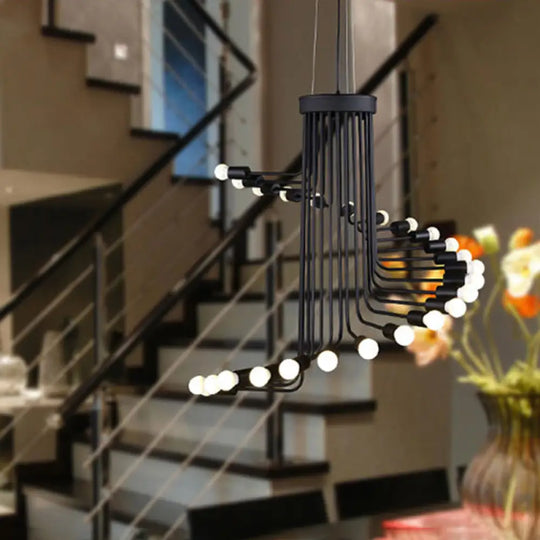 Industrial Angled Arm Ceiling Chandelier With Spiral Iron Design - Black Finish 16/26 Bulbs Perfect