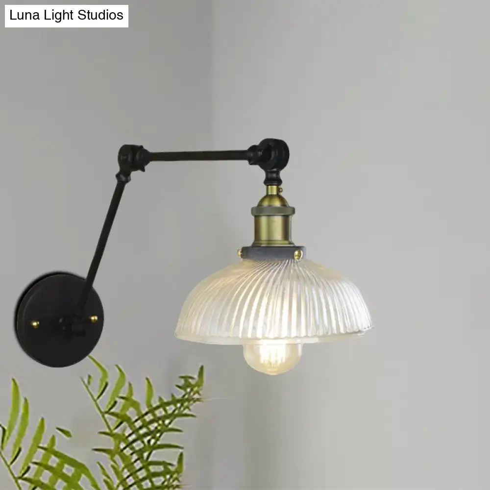 Industrial Antique Brass/Black/Rust Swing Arm Wall Sconce With Ribbed Glass Shade - Perfect Living