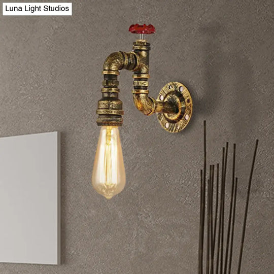 Industrial Antique Brass Faucet Wall Sconce With Valve - 1-Light Living Room Mount