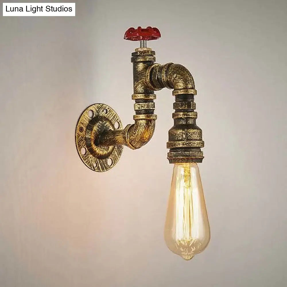 Industrial Antique Brass Faucet Wall Sconce With Valve - 1-Light Living Room Mount