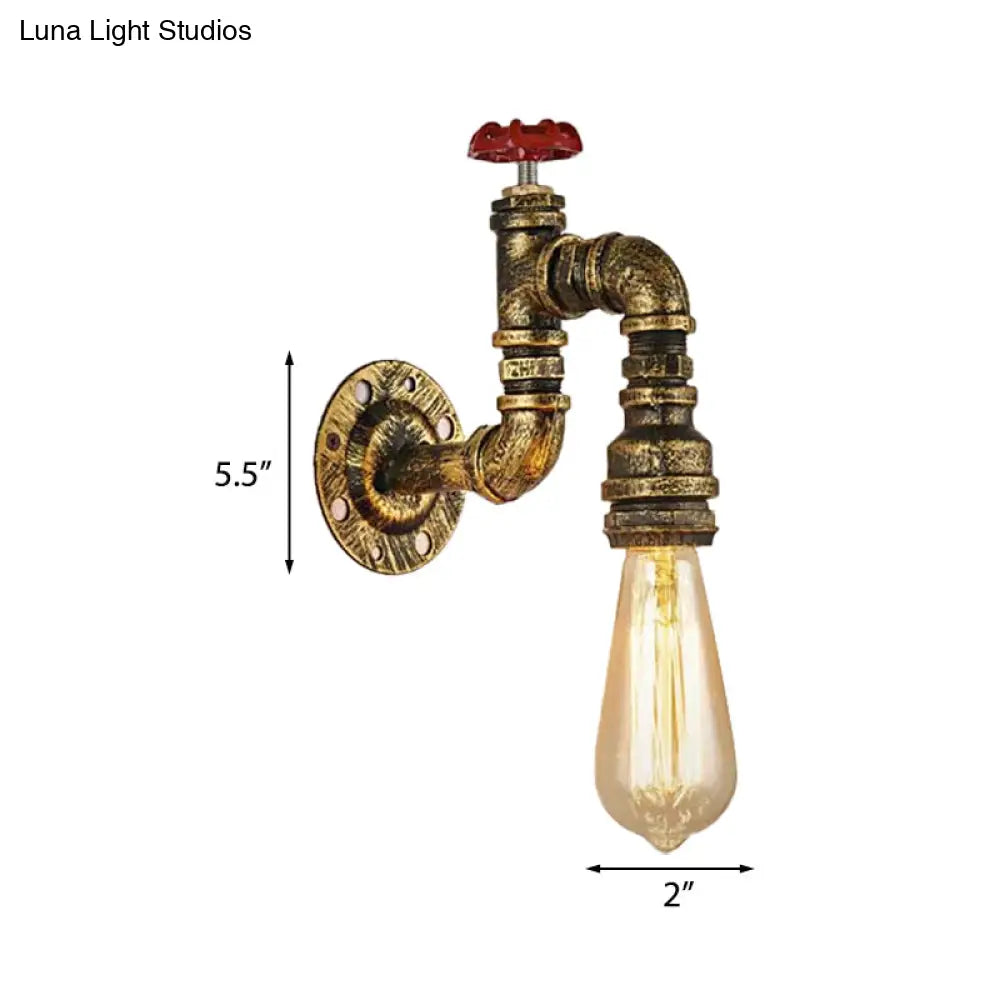 Industrial Antique Brass Faucet Wall Sconce With Valve - 1-Light Living Room Mount