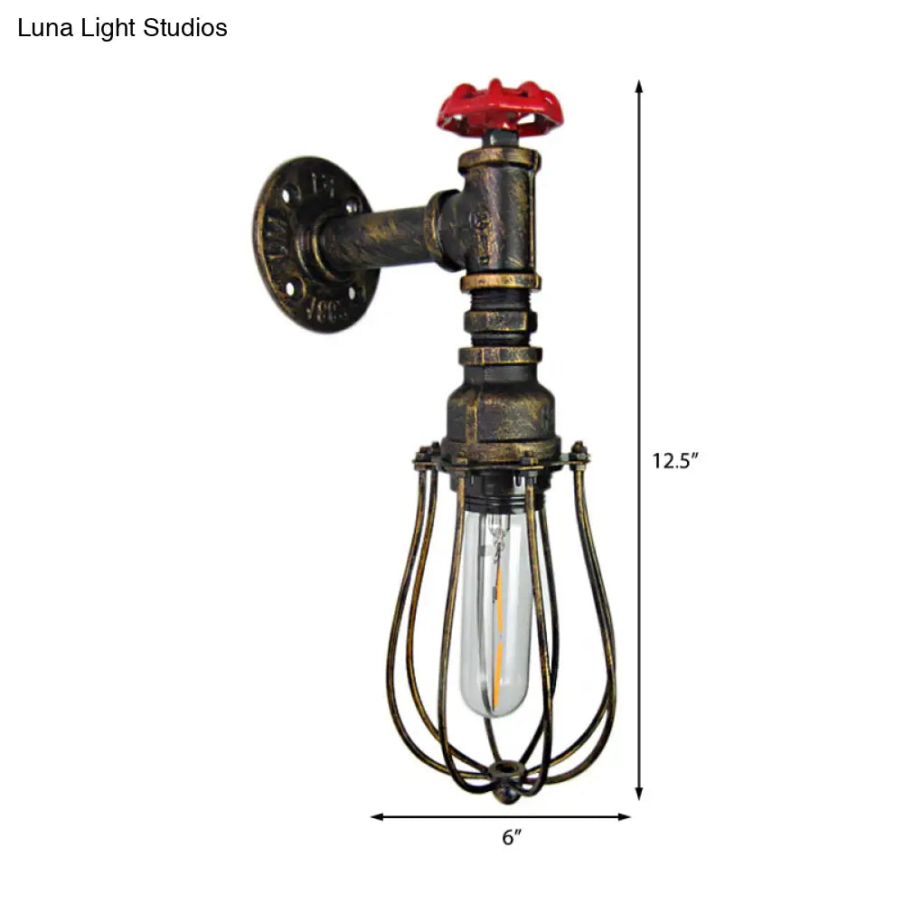 Industrial Antique Brass Iron Wall Lamp With Wire Guard And Red Valve Mount Light