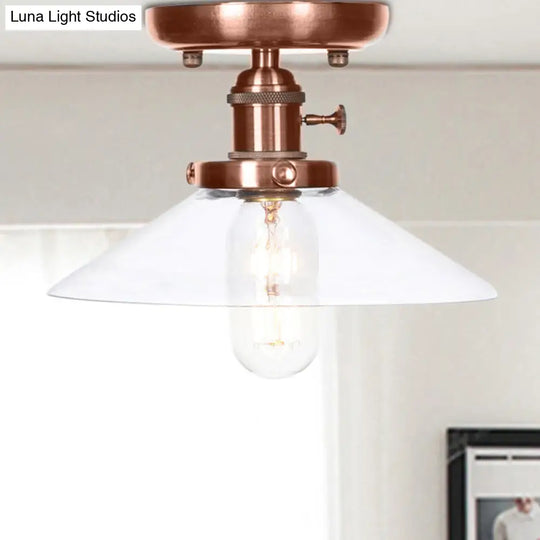 Industrial Antique Copper Semi Mount Ceiling Light With Opal/Clear Glass Shade Clear / Cone