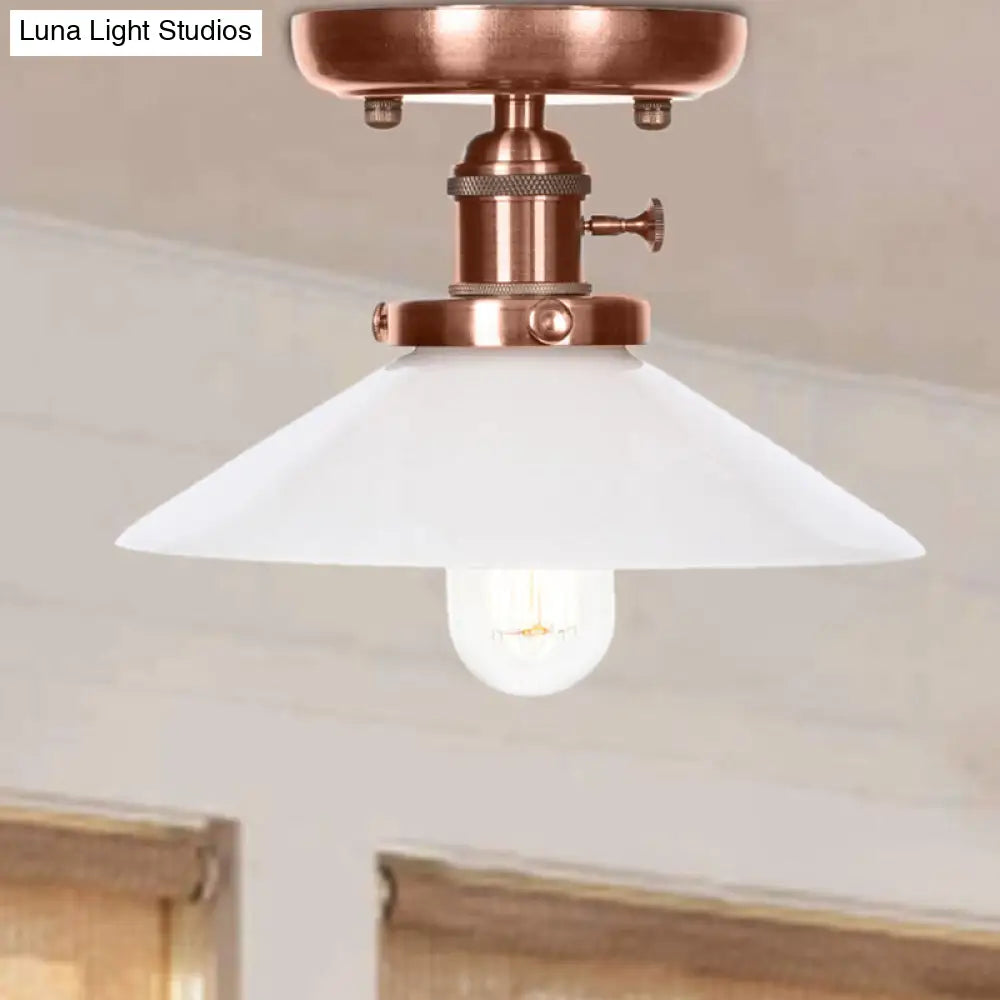 Industrial Antique Copper Semi Mount Ceiling Light With Opal/Clear Glass Shade White / Cone