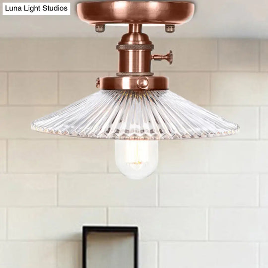 Industrial Antique Copper Semi Mount Ceiling Light With Opal/Clear Glass Shade Clear / Saucer