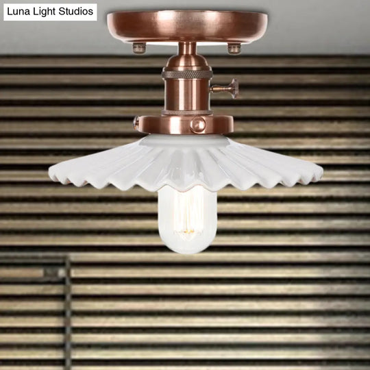 Industrial Antique Copper Semi Mount Ceiling Light With Opal/Clear Glass Shade